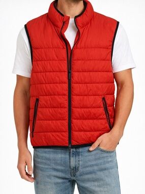 Perry Ellis Red Quilted Puffer Vest with Black Trim